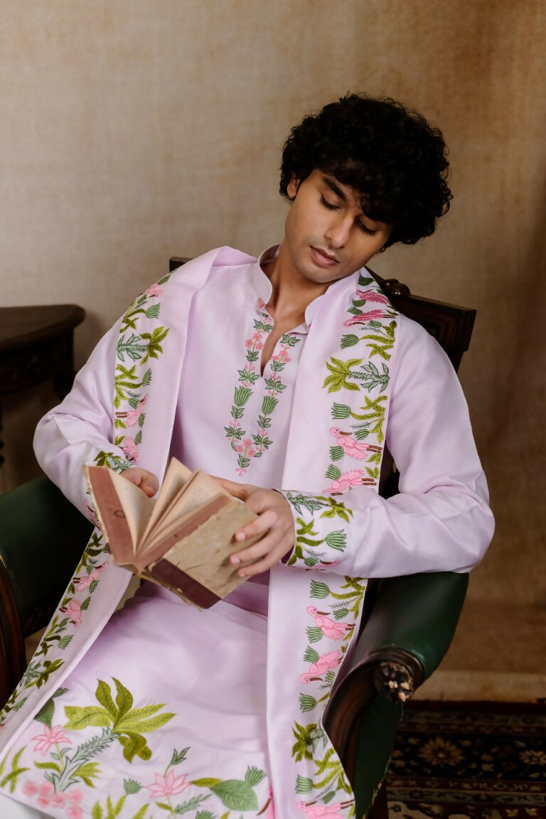 Falling Raw Silk Lavinder Taruni Hamsa Kurta Set By Hilo Design | Grocsy