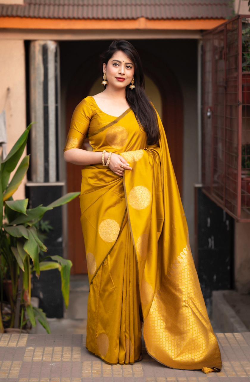 Mustard Silk Woven Saree with Unstitched Blouse - Hiral Fashion | Grocsy