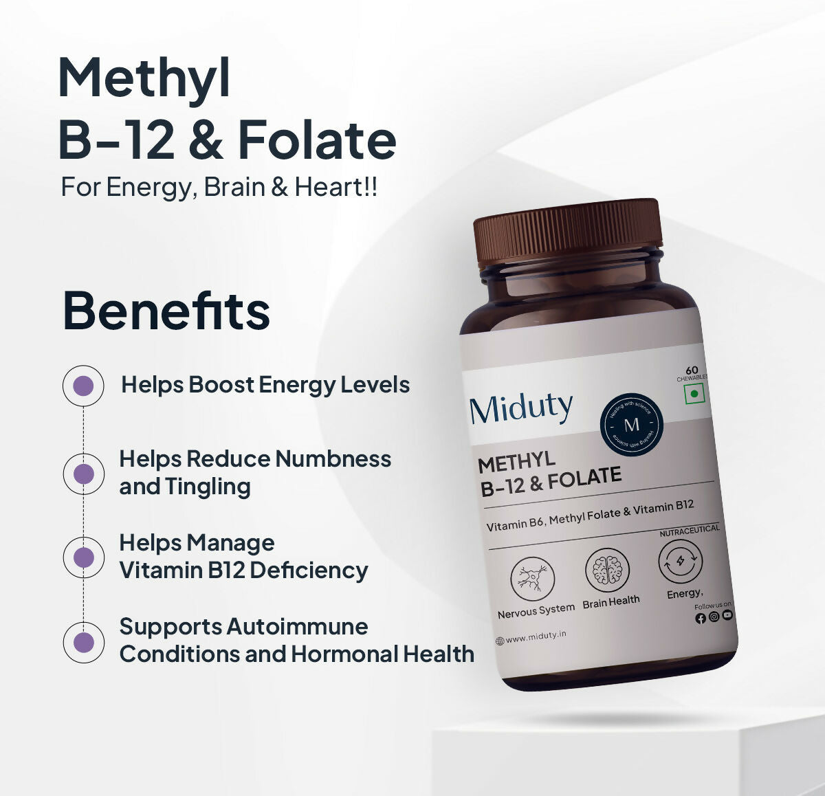 Miduty Vitamin B12 - Methyl Folate Chewables | Grocsy