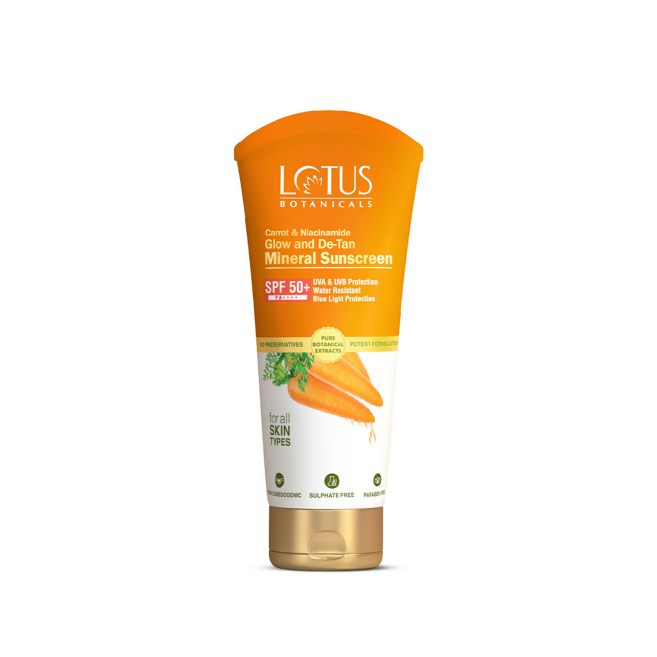 Lotus Botanicals Carrot & Niacinamide Glow and De-Tan Mineral Sunscreen, SPF 50+, PA++++ | Grocsy
