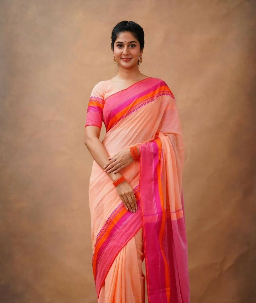 Exclusive Collection Light Orange Beautiful Khadi Cotton Handloom Saree | Grocsy