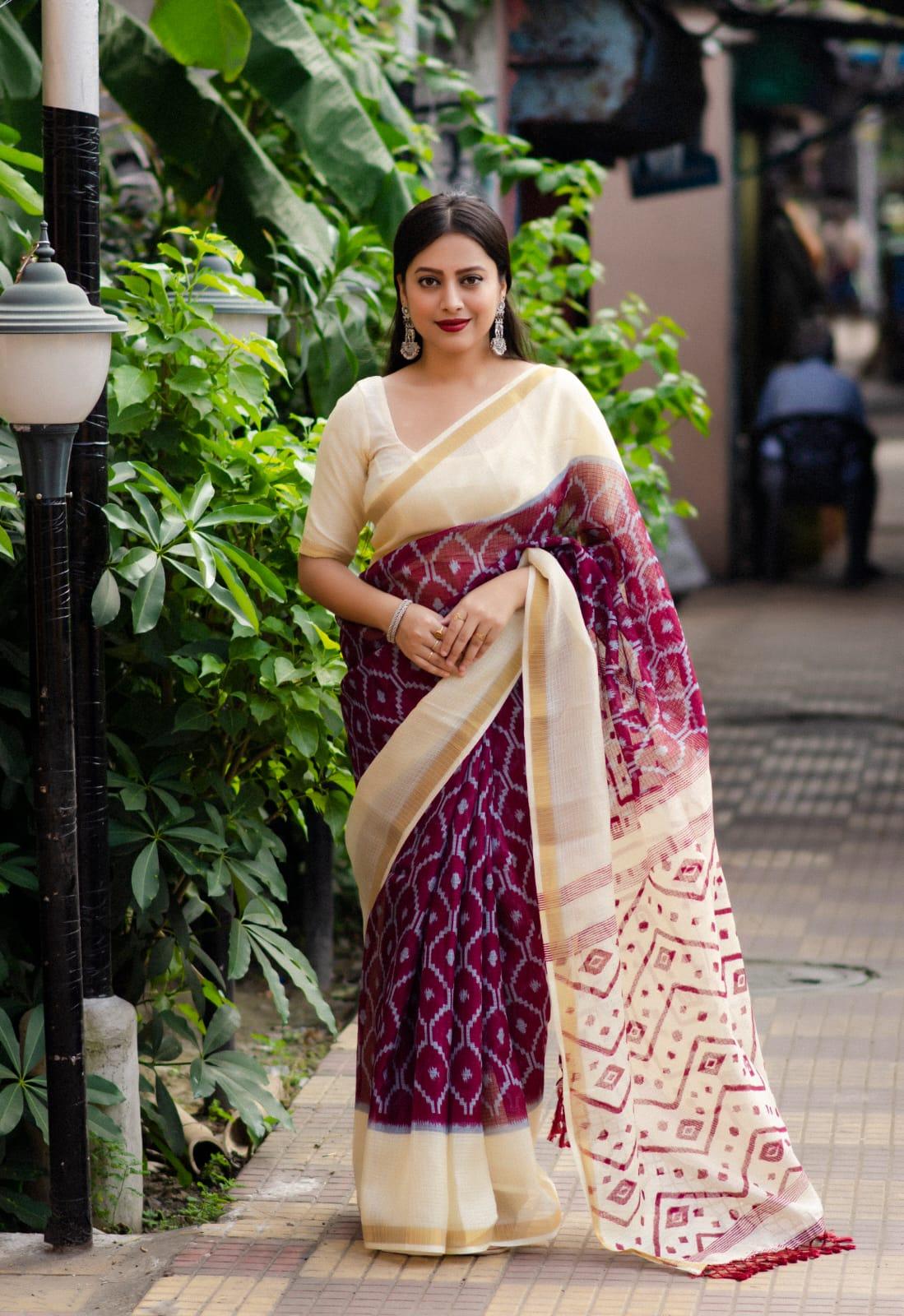Maroon Polycotton Ethnic Motifs Saree with Unstitched Blouse - Hiral Fashion | Grocsy
