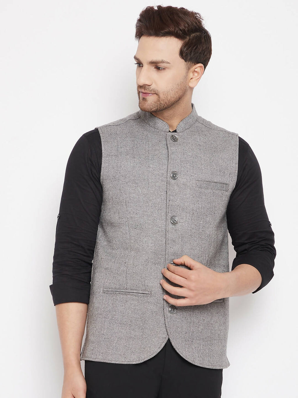 Even Apparels Grey Wool Men Woven Nehru Jacket WL730 | Grocsy