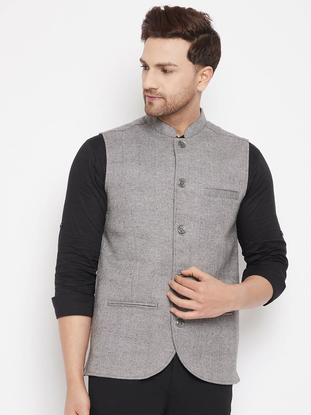 Even Apparels Grey Wool Men Woven Nehru Jacket WL730 | Grocsy