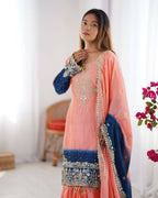 The52 Women's Beautiful Chinon silk Fabric Embroidery Work Straight Kurta Palazzo and Dupatta Set | Grocsy