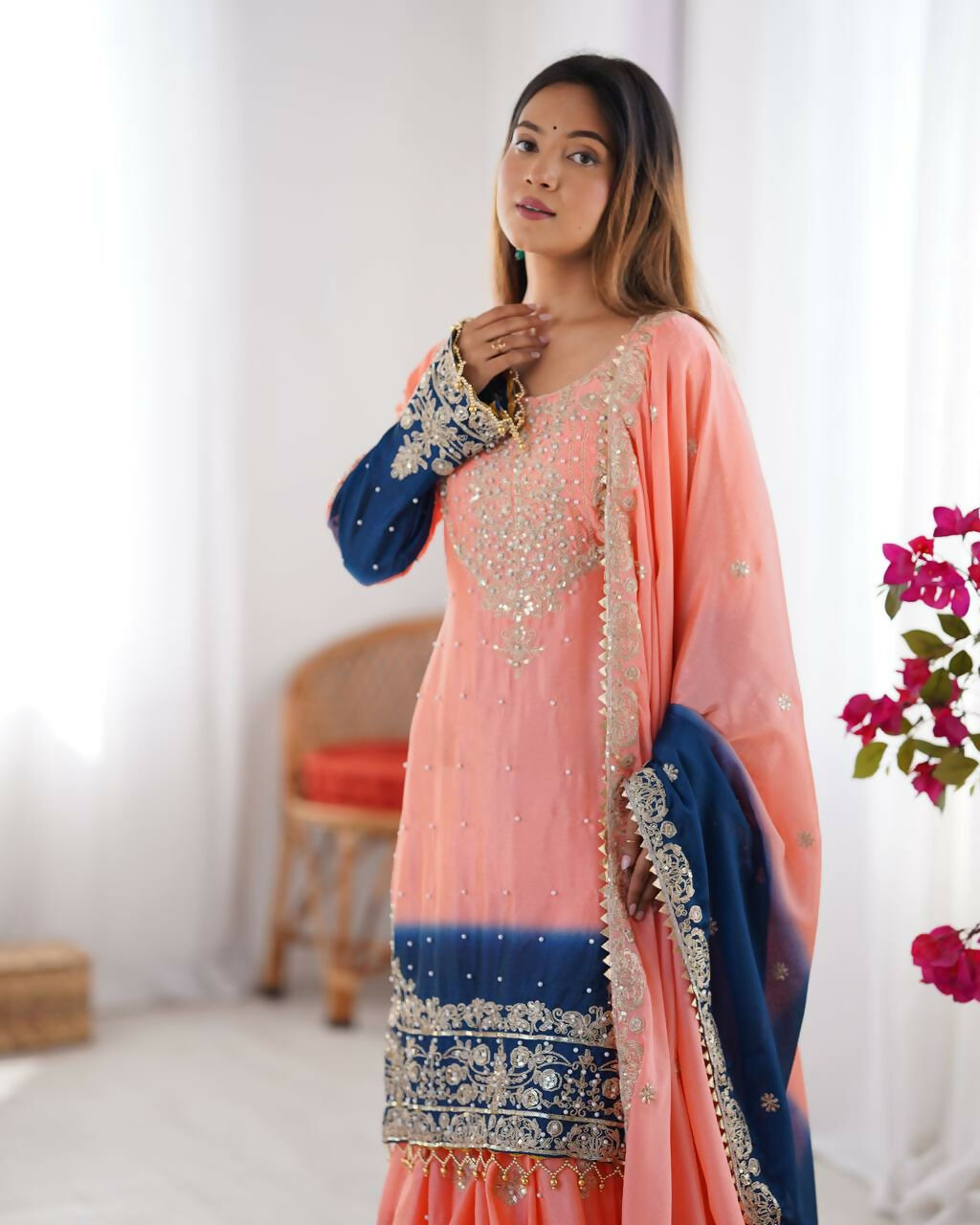 The52 Women's Beautiful Chinon silk Fabric Embroidery Work Straight Kurta Palazzo and Dupatta Set | Grocsy