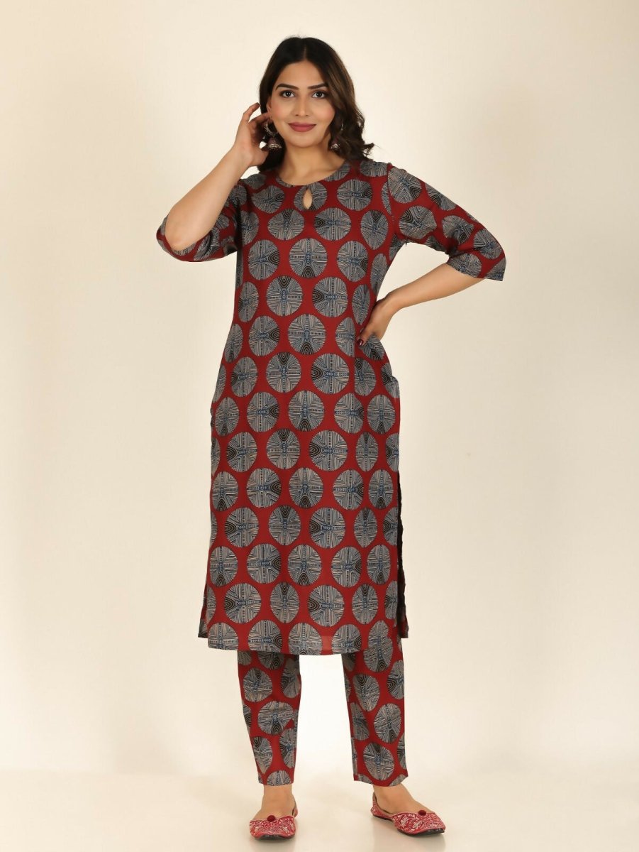 Aramya Red Soft Cotton Abstract Print Straight Kurta Palazzo Set for Women | Grocsy