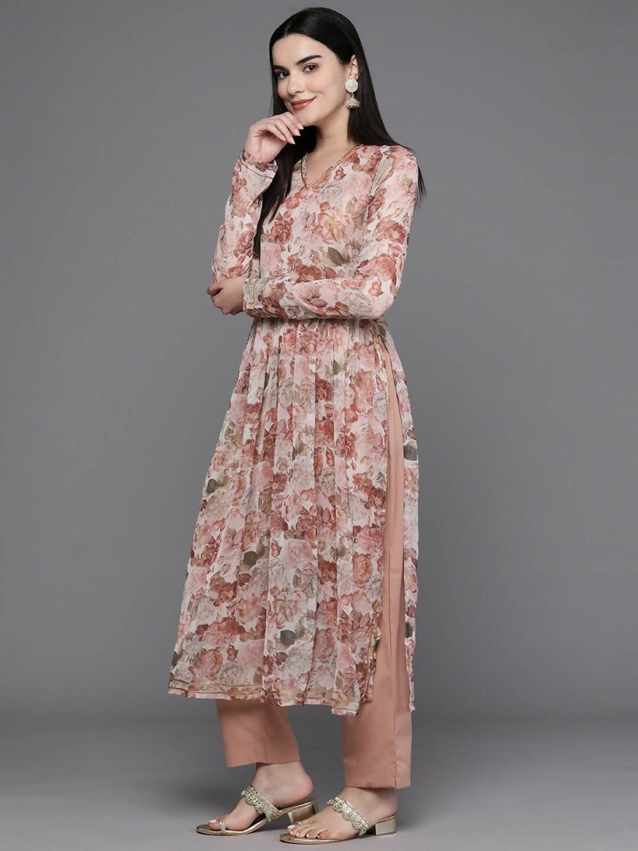 Ahalyaa Women Floral Printed Pleated Gotta Patti Kurta with Trousers - Brown Color | Grocsy
