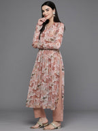 Ahalyaa Women Floral Printed Pleated Gotta Patti Kurta with Trousers - Brown Color | Grocsy