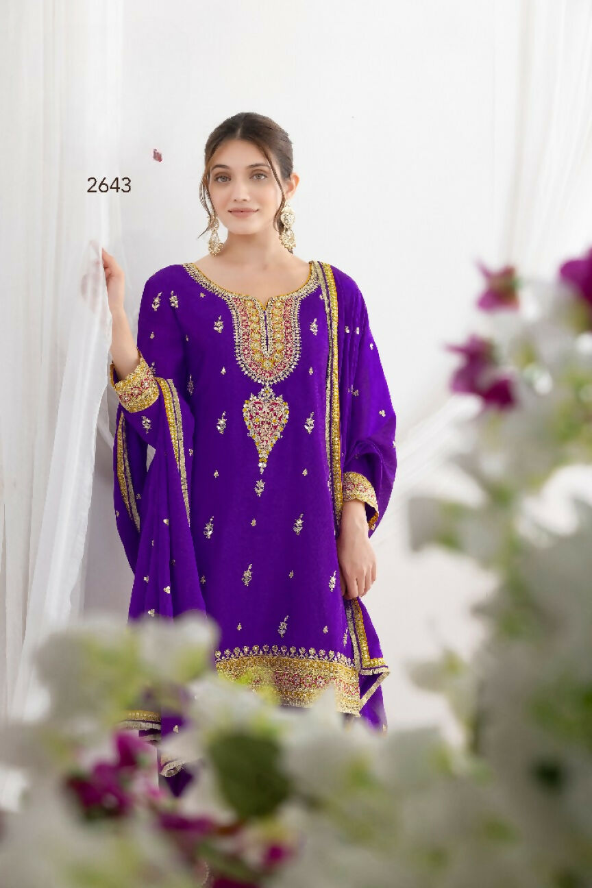 Anaita Purple Chinon Readymade Suit with Embroidery Coding & Sequence Work | Grocsy