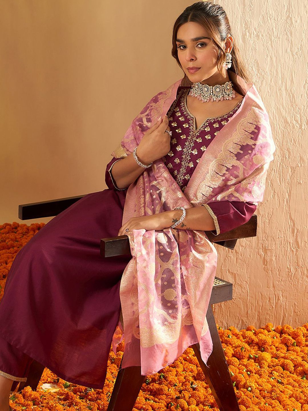 Indo Era Ethnic Motifs Yoke Design Straight Gotta Patti Liva Kurta with Trousers & Dupatta | Grocsy