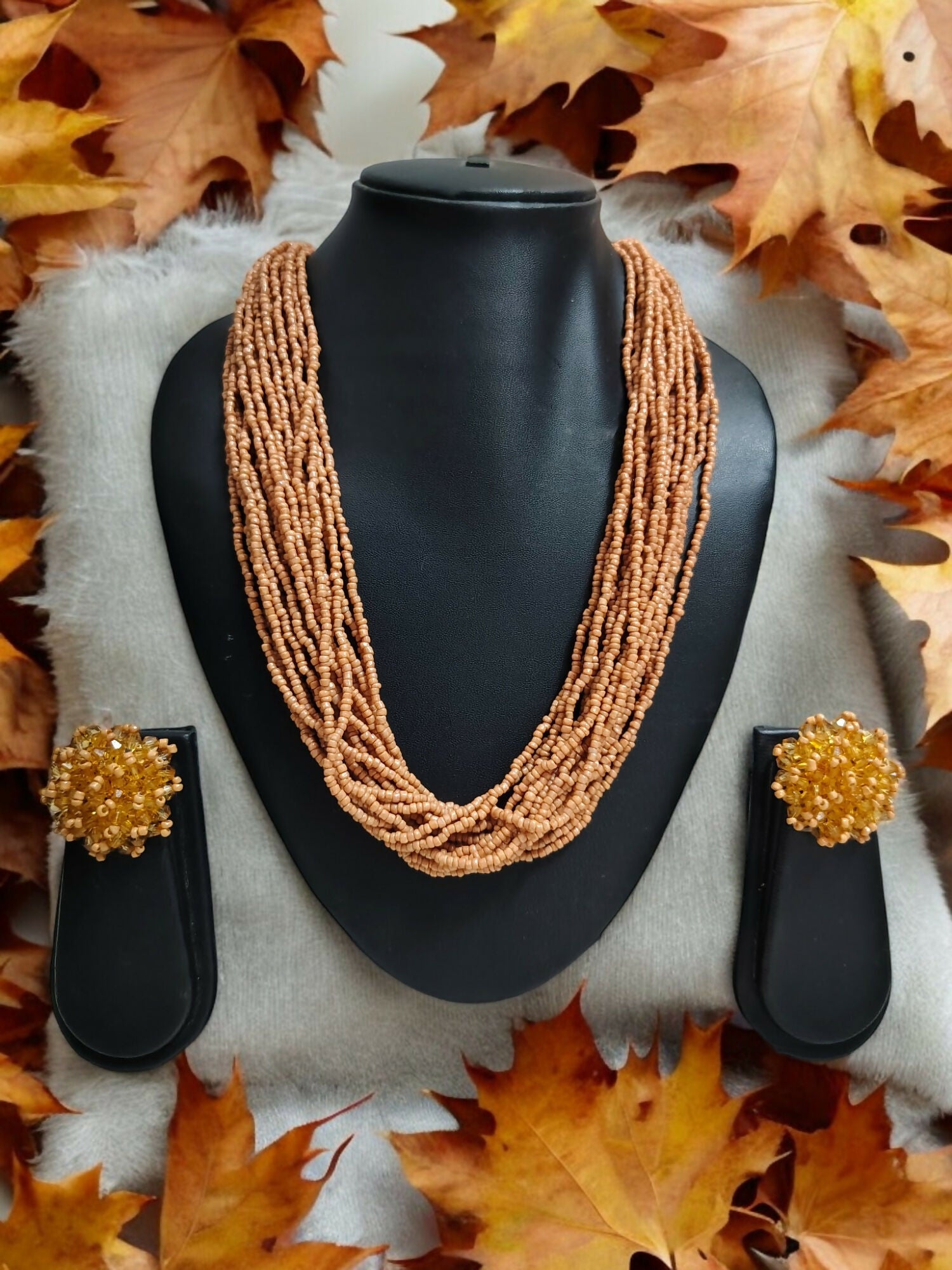 Inhanns Vibrant Handmade 20 Layers Beaded Necklace With Matching Earrings - Sandalwood | Grocsy