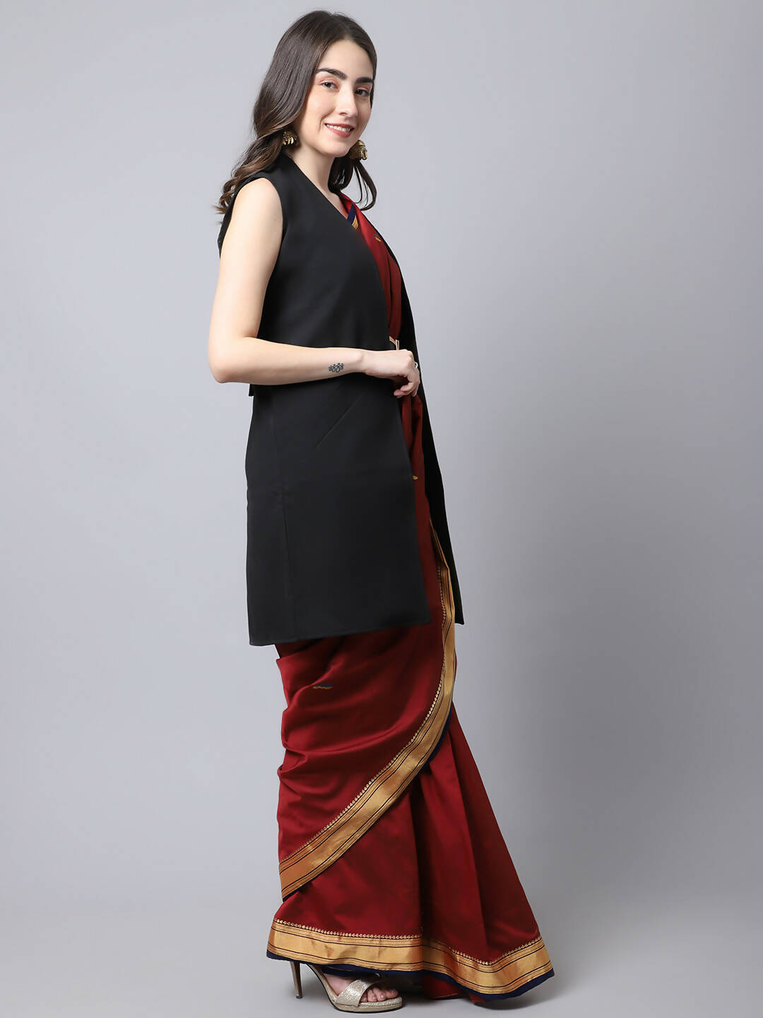 Even Apparels Black Polywool Open Front Women's Long Coat | Grocsy