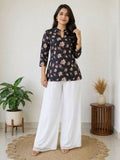 Teeya Creation Women Black Beige Floral Printed Cotton Kurti with White Wide-Leg Palazzo Set | Grocsy