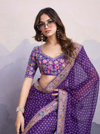 Purple Georgette Bandhani Printed,Embroidery Work Saree - Surkhi | Grocsy