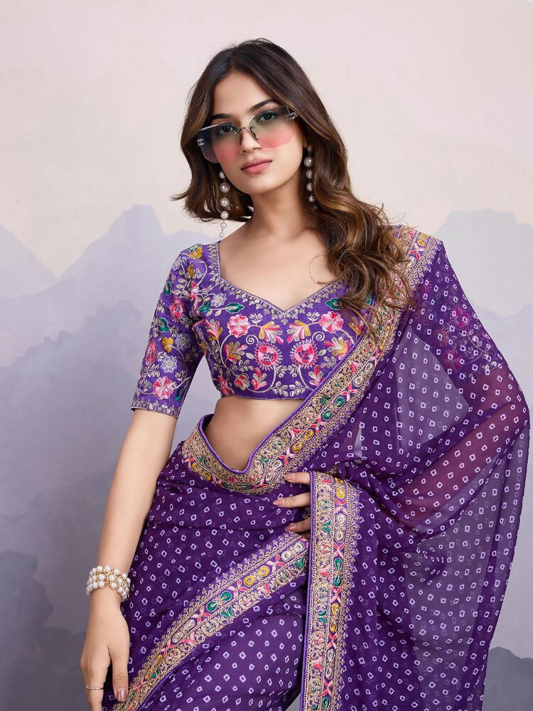 Purple Georgette Bandhani Printed,Embroidery Work Saree - Surkhi | Grocsy