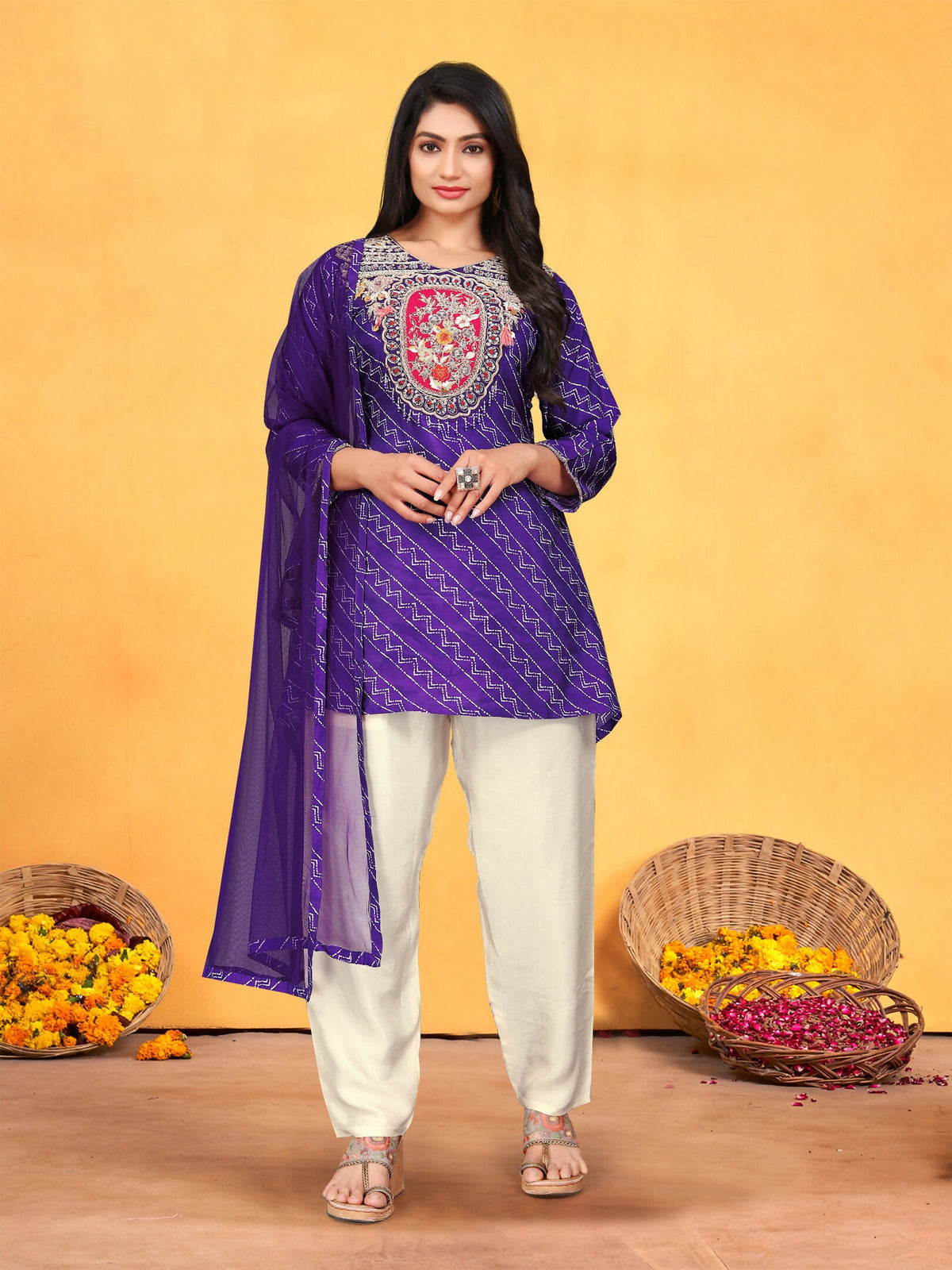 Joban Fashion Purple Cotton Premium Pure Viscose Print Dola With Handwork Kurta set | Grocsy