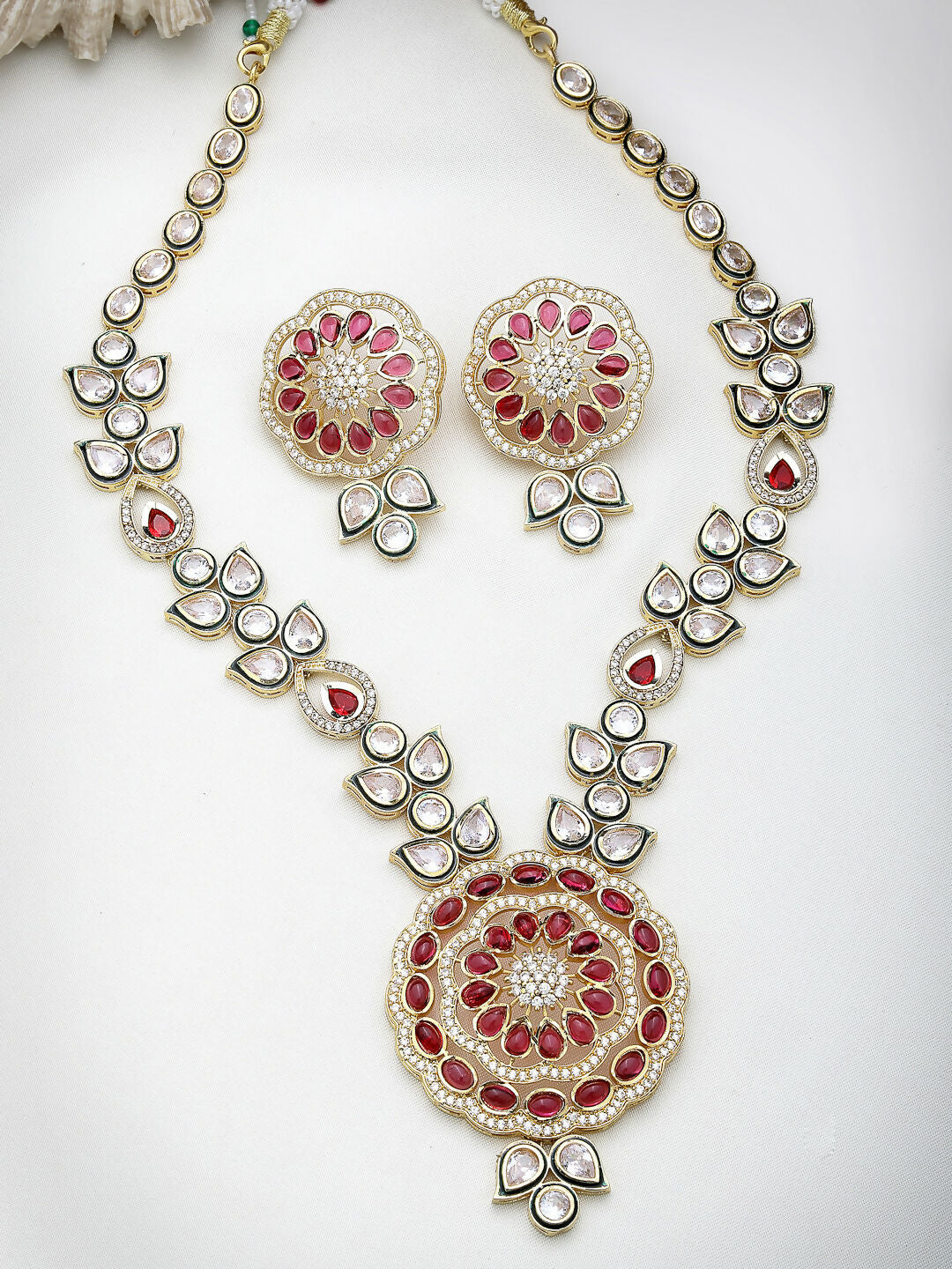 NVR Women's Red & Gold Kundan Studded Handcrafted Jewellery Set | Grocsy