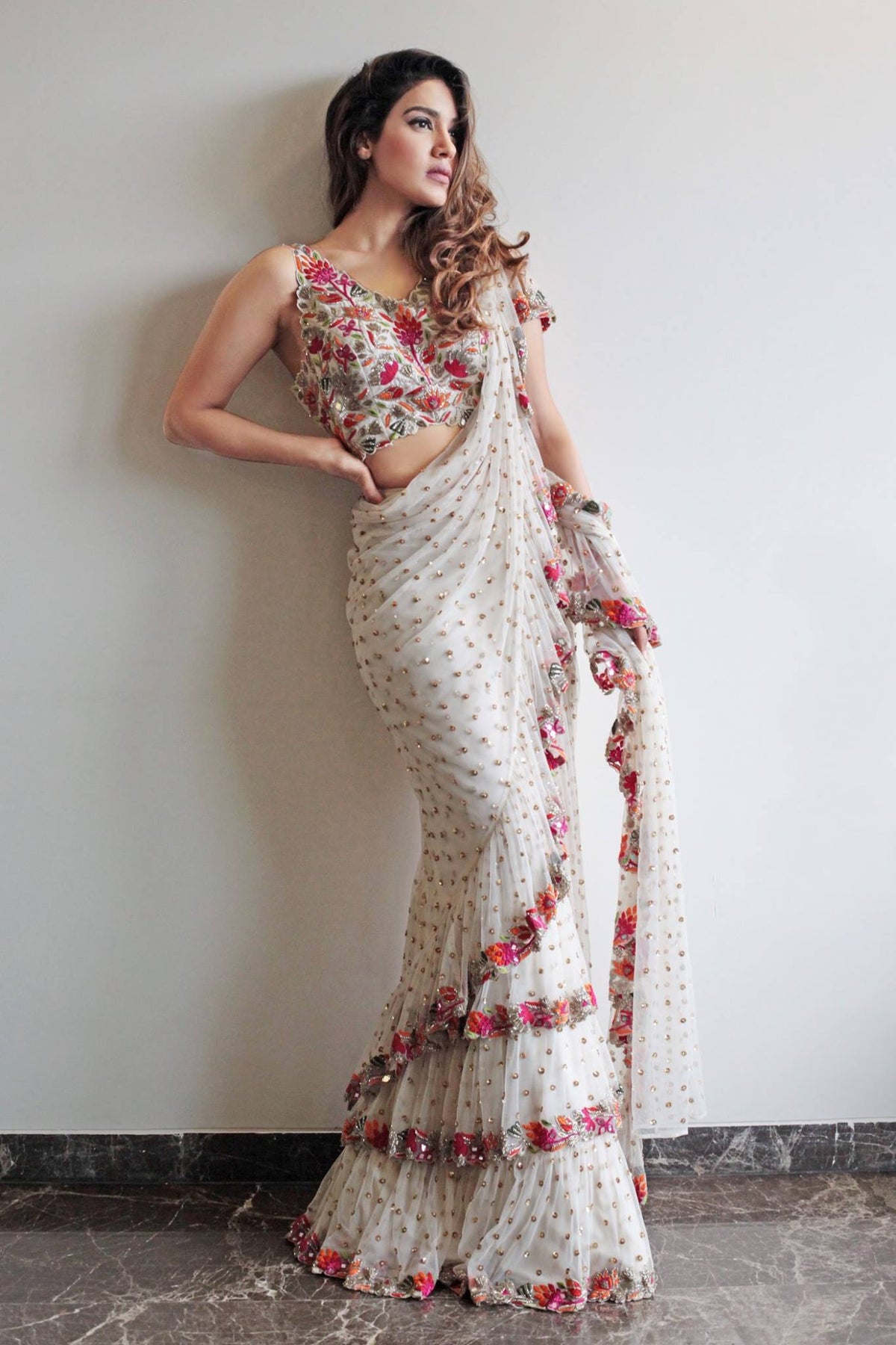 Lorenvalley Fashion White Faux Georgette Ruffle Saree with Fancy Sequence work & Blouse | Grocsy