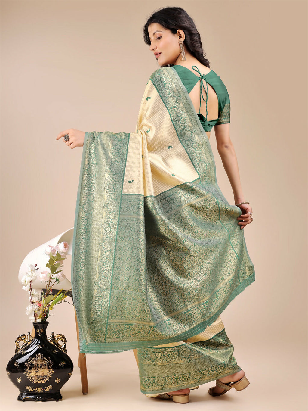 Shree Shyam Fashion Aura Silk Cream Green Banarasi Silk Saree | Grocsy