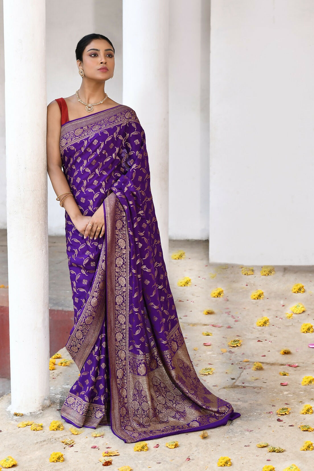 Joban Fashion Purple Crepe Chiffon Pure Handloom Banarasi Silk Saree | Grocsy