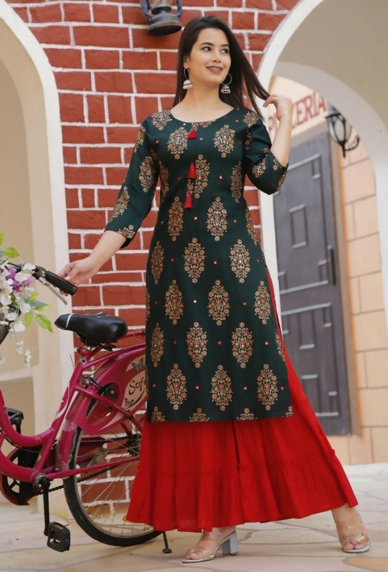 Alvano Printed Kurta With Sharara Set for Women's and Girls Rayon (Green) | Grocsy