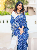 Zibaa Hand-Blocked Pure Mul Cotton Indigo Saree | Grocsy