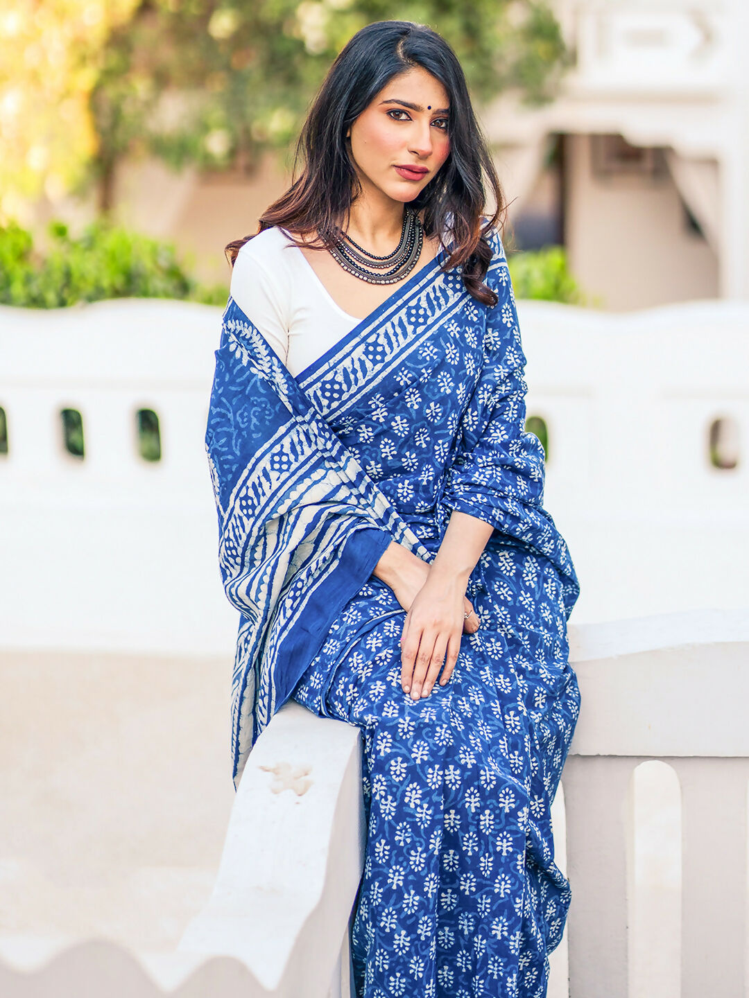 Zibaa Hand-Blocked Pure Mul Cotton Indigo Saree | Grocsy
