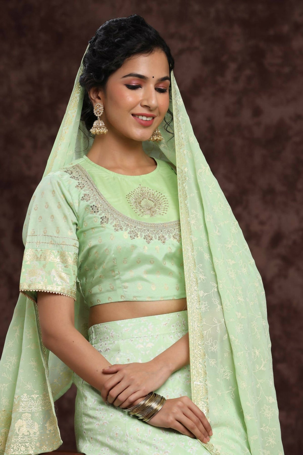 Juniper Women Mint Shantoon Embroidered Flared Lehenga Choli Sets | Grocsy