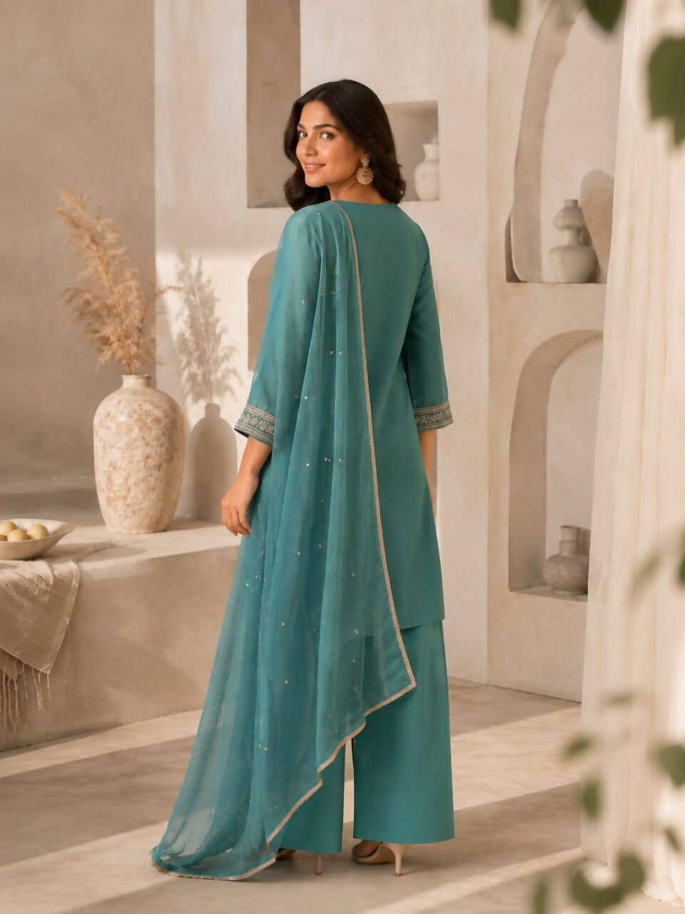 Teeya Creation Turquoise Blue Silk Embroidered Kurta Pant Set With Dupatta | Grocsy