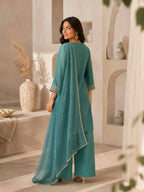 Teeya Creation Turquoise Blue Silk Embroidered Kurta Pant Set With Dupatta | Grocsy