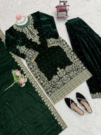 Vastranavya Green Viscose Velvet Cording Sequence With Moti Work Top-Bottom With Dupatta | Grocsy