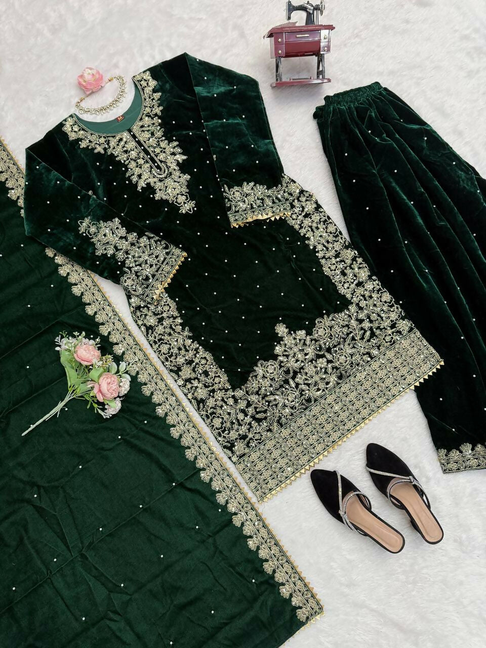 Vastranavya Green Viscose Velvet Cording Sequence With Moti Work Top-Bottom With Dupatta | Grocsy