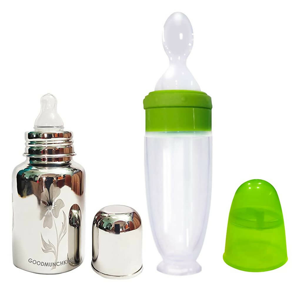 Goodmunchkins Stainless Steel Feeding Bottle With Spoon Food Feeder for Baby Anti Colic Silicon Nipple Feeder 150 ml Combo Pack-Green | Grocsy