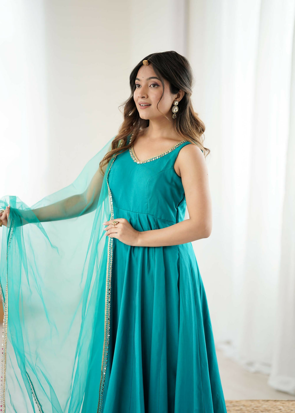 The52 Women's Beautiful Roman Silk Chanderi Fabric Flared Anarkali Pant and Dupatta Set | Grocsy
