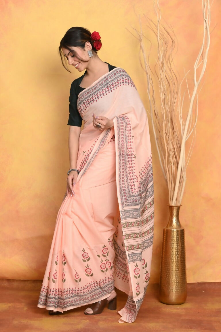 Very Much Indian Handblock Printed Cotton Saree With Natural Dyes - Peach | Grocsy