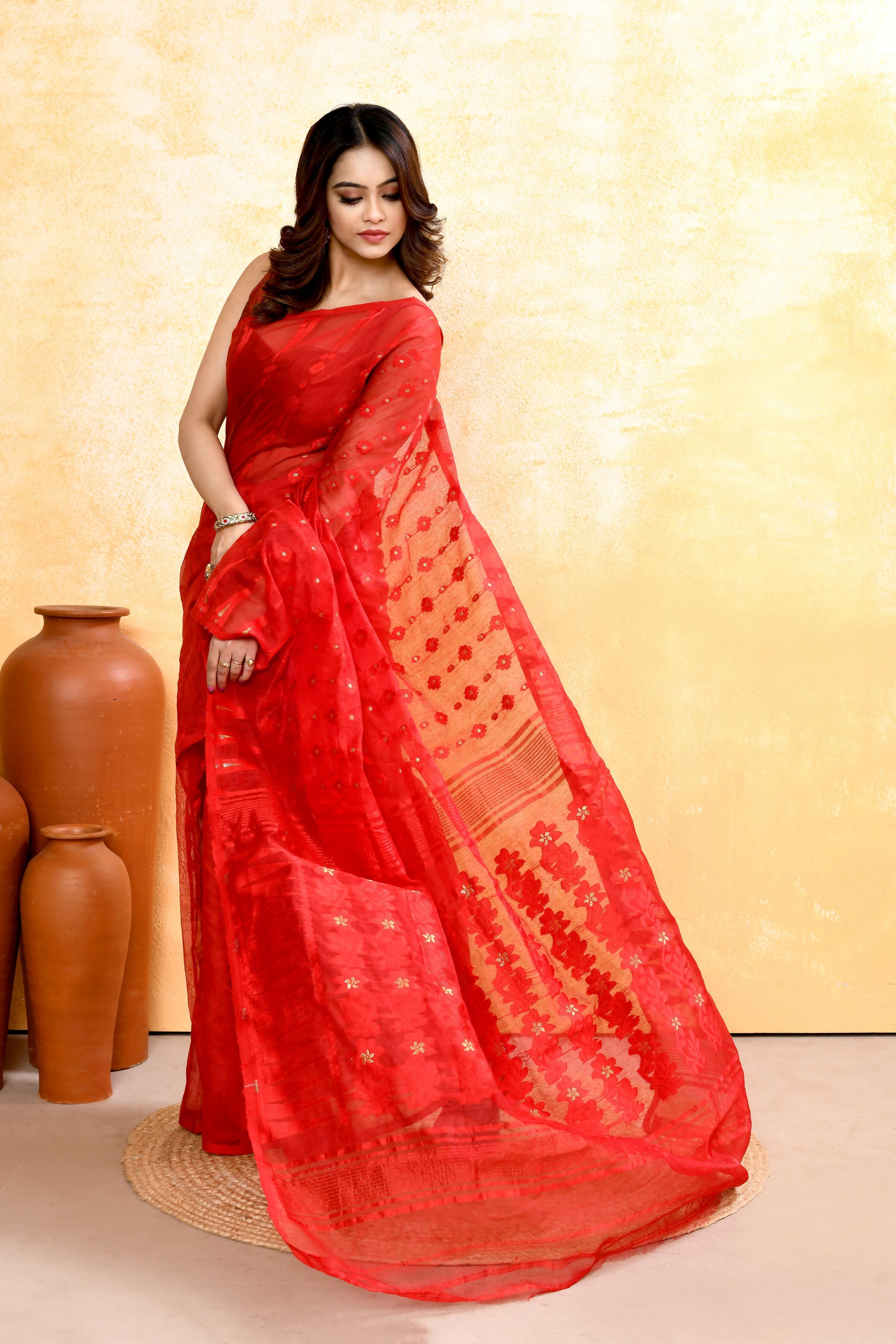 Piyari Fashion Women's Red Embellished Cotton Blend Jamdani Saree | Grocsy