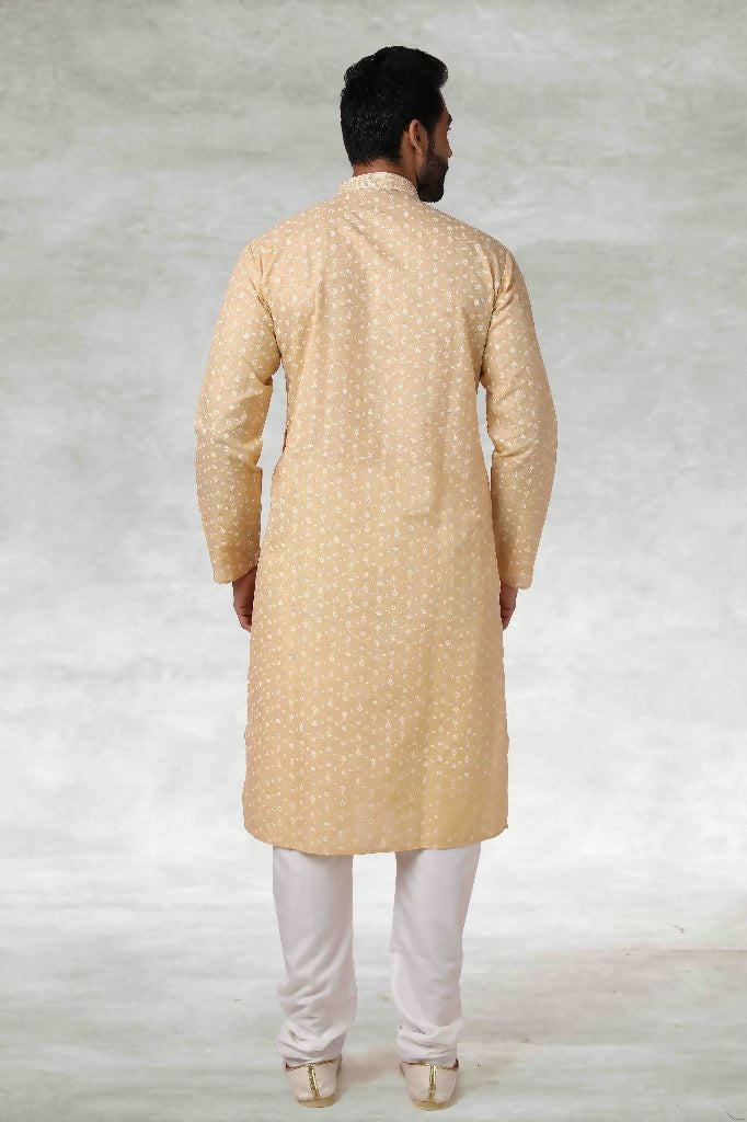 Raivat Ethnic Cotton Printed Work Kurta Pajama In Beige Colour | Grocsy