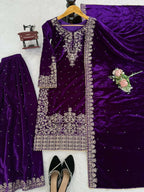 Vastranavya Purple Viscose Velvet Cording Sequence With Moti Work Top-Bottom With Dupatta | Grocsy