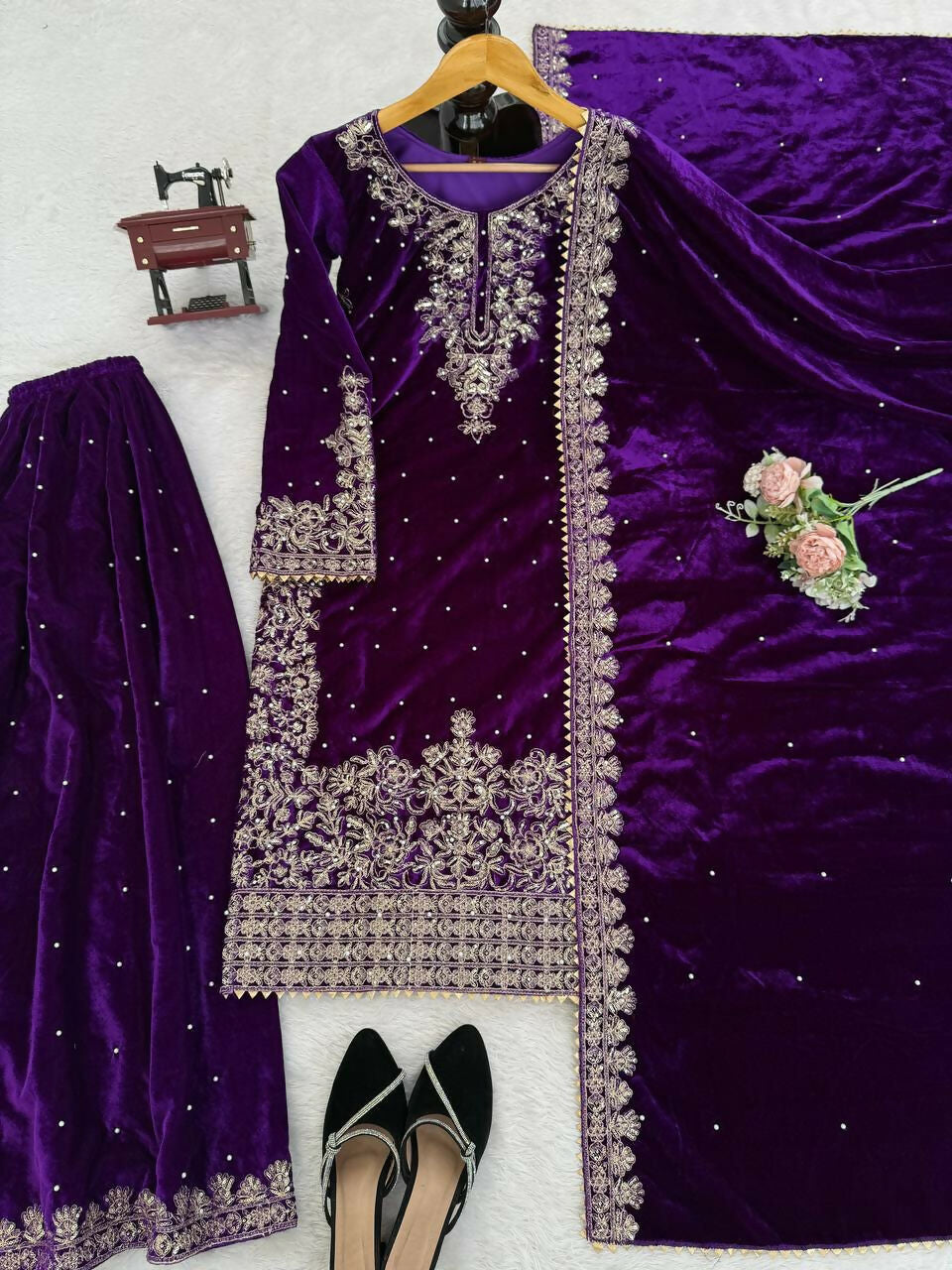 Vastranavya Purple Viscose Velvet Cording Sequence With Moti Work Top-Bottom With Dupatta | Grocsy
