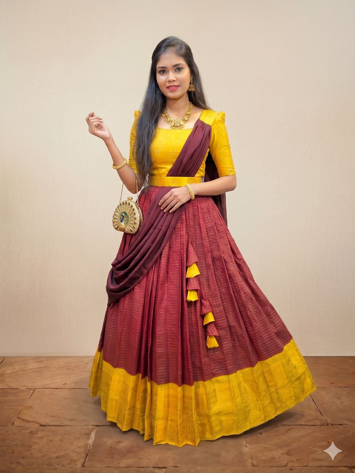 Teeya Creation New Maroon and Yellow Banarasi Silk Half Saree Lehenga Choli with Pleated Dupatta | Grocsy
