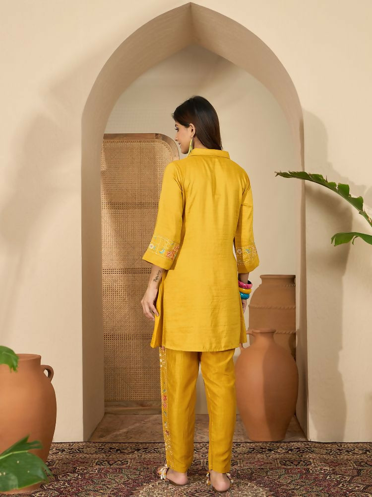 Joban Fashion Women Mustard Roman Silk Embroidered Stitched Kurta Set | Grocsy