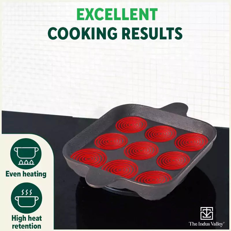 The Indus Valley 9 Pit/Cup CASTrong Cast Iron Paniyaram/Appe Pan+ Spatula, Pre-seasoned, Natural Nonstick, 100% Pure, Toxin-free, 18.2 cm, 1.34 kg | Grocsy