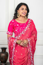 Morchari Pink Pure Chiffon Hand Embroidery Saree And Stitched Blouse | Grocsy