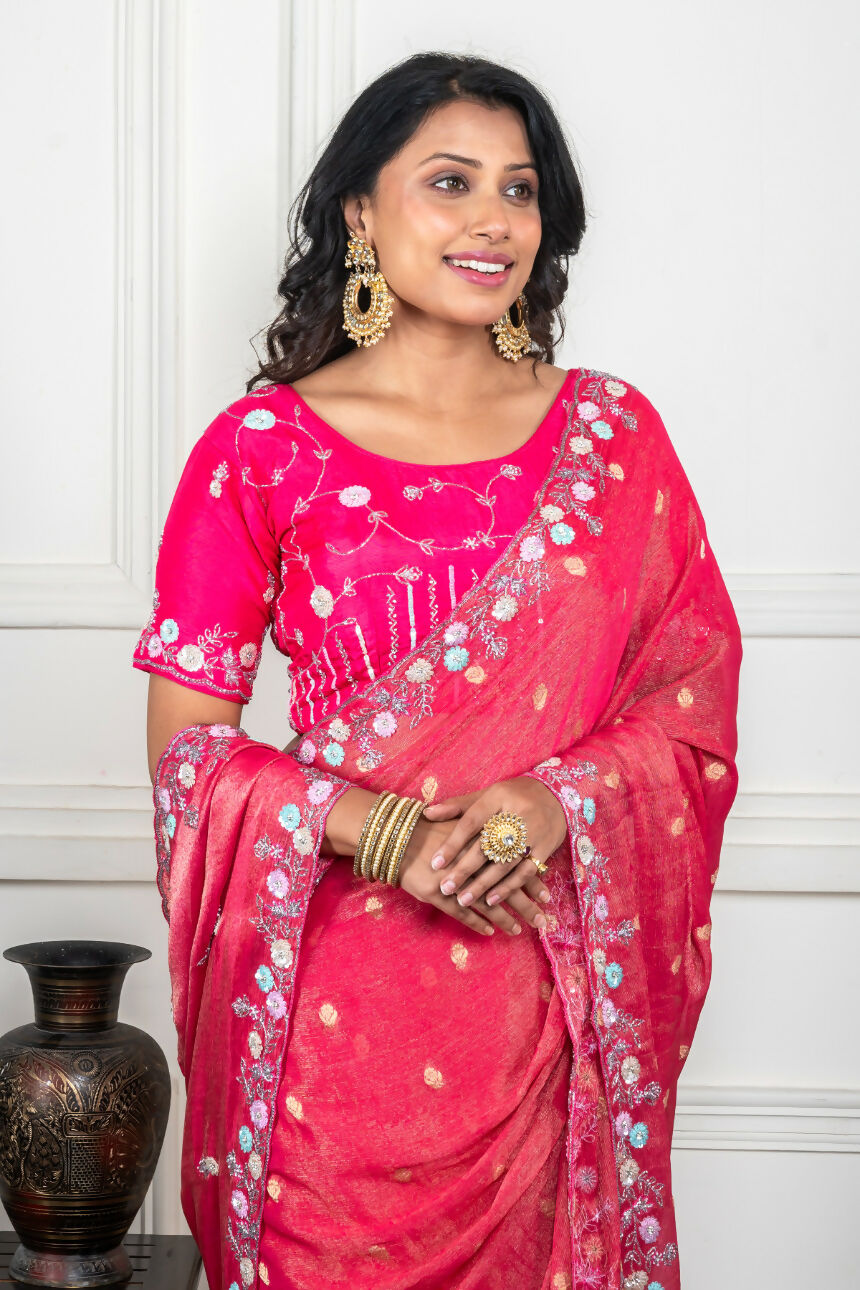 Morchari Pink Pure Chiffon Hand Embroidery Saree And Stitched Blouse | Grocsy