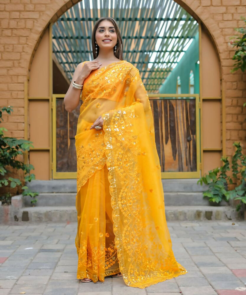Vamsee Kiki Yellow Organza Saree | Grocsy