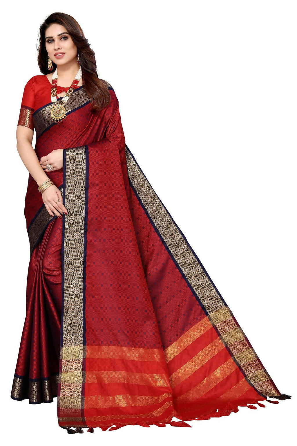 Vamika Weaving Maroon Cotton Silk Saree | Grocsy