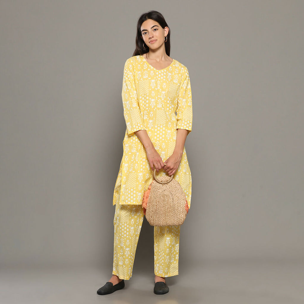 Breathables Women Cotton Printed Loungewear Kurta And Pants Co-Ord Set Yellow I Nightwear | Abstract Print | Grocsy