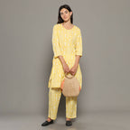 Breathables Women Cotton Printed Loungewear Kurta And Pants Co-Ord Set Yellow I Nightwear | Abstract Print | Grocsy