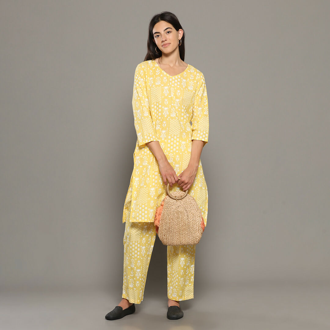 Breathables Women Cotton Printed Loungewear Kurta And Pants Co-Ord Set Yellow I Nightwear | Abstract Print | Grocsy